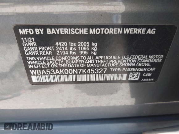 2022 BMW 2 Series 228i with VIN WBA53AK00N7K45327, listed as a IAAI auction lot 41557762 with 24,432 mi miles and . Bid and sale history available at DreamBid. Image 9.