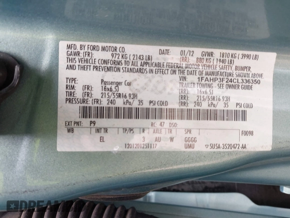2012 Ford Focus SE with VIN 1FAHP3F24CL336350, listed as a IAAI auction lot 41882948 with 153,238 mi miles. Bid and sale history available at carsss.com. Image 9.