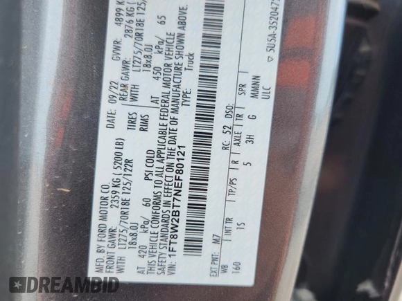 2022 Ford F-250 XL with VIN 1FT8W2BT7NEF80121, listed as a Copart auction lot 62993505 with Not provided miles and Salvage title. Bid and sale history available at DreamBid. Image 12.