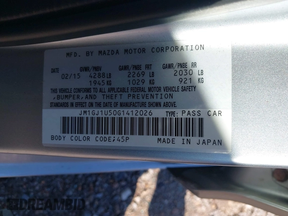 2016 Mazda 6 i Sport with VIN JM1GJ1U50G1412026, listed as a IAAI auction lot 41820838 with 130,262 mi miles and . Bid and sale history available at DreamBid. Image 9.