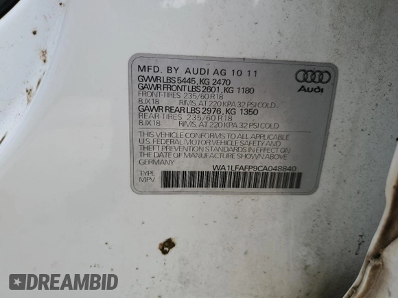 2012 Audi Q5 Premium Plus with VIN WA1LFAFP9CA048840, listed as a Copart auction lot 60731695 with 113,890 mi miles and Clean title. Bid and sale history available at DreamBid. Image 13.
