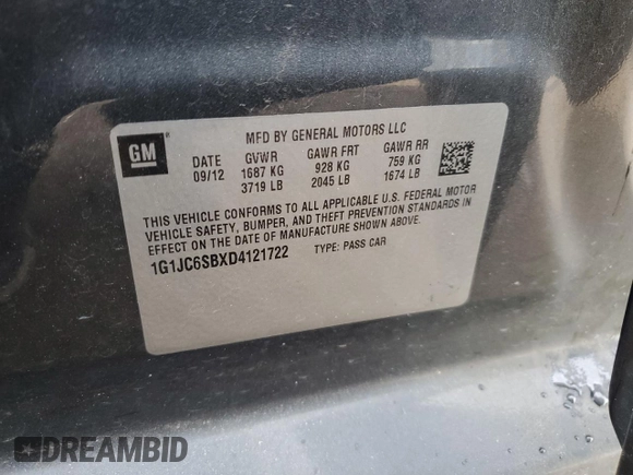 2013 Chevrolet Sonic LT with VIN 1G1JC6SBXD4121722, listed as a Copart auction lot 44824185 with 0 mi miles and Salvage Title. Bid and sale history available at carsss.com. Image 14.