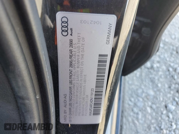 2013 Audi S6 Prestige with VIN WAUF2AFC4DN119123, listed as a Copart auction lot 77705184 with 78,216 mi miles and Salvage Title. Bid and sale history available at carsss.com. Image 13.
