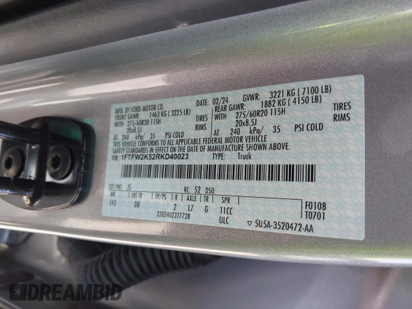 2024 Ford F-150 with VIN 1FTFW2K52RKD40023, listed as a IAAI auction lot 41731516 with 8,781 mi miles and . Bid and sale history available at DreamBid. Image 9.