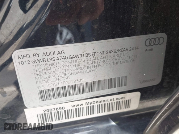 2013 Audi A4 Premium с VIN WAUAFAFL1DN028339, выставлен на аукционе IAAI как лот 41963256 с пробегом 242 697 миль миль и . История ставок и продаж доступна на DreamBid. Изображение 9.