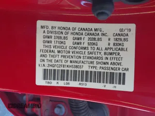 2019 Honda Civic Sport with VIN 2HGFC2F81KH538037, listed as a IAAI auction lot 41377964 with 72,560 mi miles and . Bid and sale history available at DreamBid. Image 9.