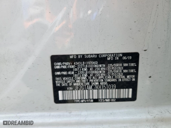 2019 Subaru Crosstrek Limited with VIN JF2GTAMC7KH351039, listed as a Copart auction lot 50948905 with 45,053 mi miles and Salvage Title. Bid and sale history available at carsss.com. Image 12.