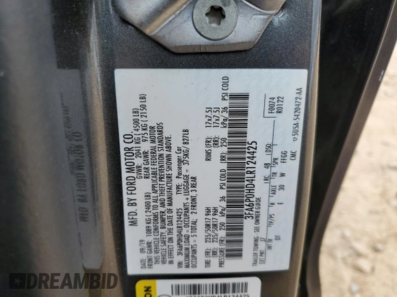 2020 Ford Fusion SE with VIN 3FA6P0HD4LR124425, listed as a Copart auction lot 54596965 with 70,816 mi miles and Salvage title. Bid and sale history available at DreamBid. Image 12.