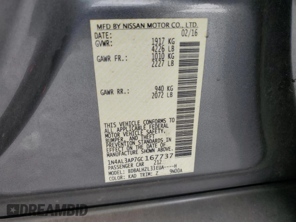 2016 Nissan Altima SR with VIN 1N4AL3AP7GC167737, listed as a Copart auction lot 79779094 with 149,130 mi miles and Salvage title. Bid and sale history available at DreamBid. Image 14.