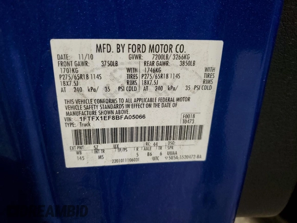 2011 Ford F-150 XL with VIN 1FTFX1EF8BFA05066, listed as a Copart auction lot 51952225 with 238,333 mi miles and Salvage title. Bid and sale history available at DreamBid. Image 13.