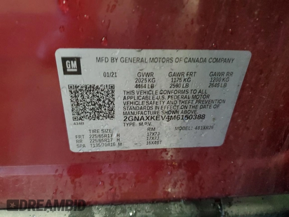 2021 Chevrolet Equinox LT с VIN 2GNAXKEV4M6150388, выставлен на аукционе Copart как лот 57385095 с пробегом Не указан миль и Списание • Salvage title. История ставок и продаж доступна на DreamBid. Изображение 13.