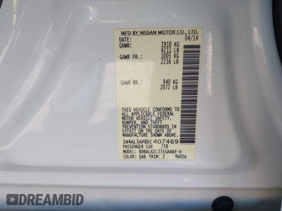2014 Nissan Altima 2.5 with VIN 1N4AL3AP8EC407469, listed as a IAAI auction lot 41685709 with 106,295 mi miles. Bid and sale history available at carsss.com. Image 9.