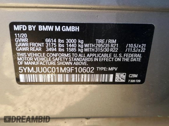 2021 BMW X5 M with VIN 5YMJU0C01M9F10602, listed as a Copart auction lot 65668883 with 23,214 mi miles. Bid and sale history available at carsss.com. Image 12.