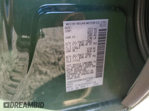 2024 Nissan Frontier SV with VIN 1N6ED1EK0RN607085, listed as a Copart auction lot 79706324 with 8,541 mi miles and Salvage title. Bid and sale history available at DreamBid. Image 12.