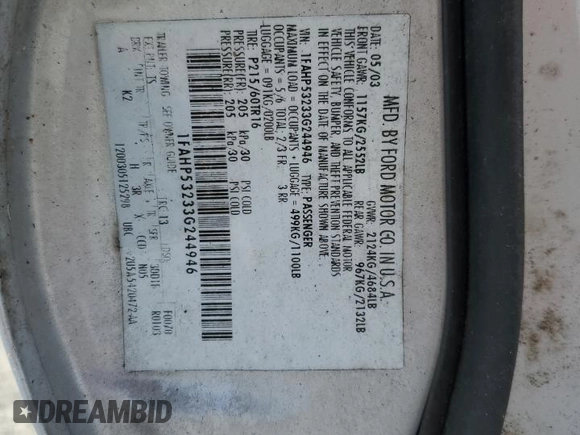 2003 Ford Taurus SE with VIN 1FAHP53233G244946, listed as a Copart auction lot 61238665 with 62,315 mi miles and Clean title. Bid and sale history available at DreamBid. Image 12.