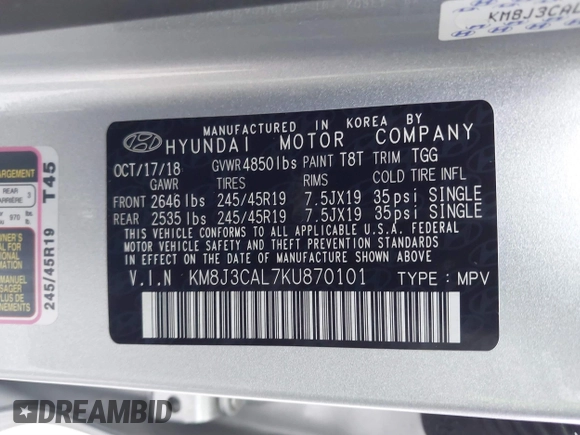 2019 Hyundai Tucson Ultimate with VIN KM8J3CAL7KU870101, listed as a IAAI auction lot 41084692 with 45,645 mi miles. Bid and sale history available at carsss.com. Image 9.