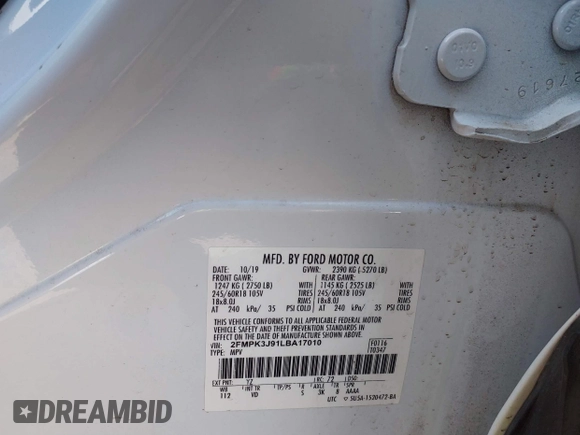 2020 Ford Edge SEL with VIN 2FMPK3J91LBA17010, listed as a IAAI auction lot 42144105 with 85,096 mi miles and . Bid and sale history available at DreamBid. Image 9.