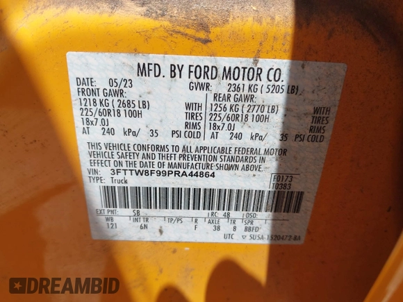 2023 Ford Maverick XL z VIN 3FTTW8F99PRA44864, wystawiony jako IAAI lot #42321189 z przebiegiem Nie podano mil oraz . Historia ofert i sprzedaży dostępna na DreamBid. Obrazek 9.