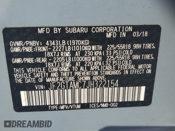 2018 Subaru Crosstrek Limited with VIN JF2GTAMC7JH322154, listed as a Copart auction lot 60253975 with 105,015 mi miles and Salvage title. Bid and sale history available at DreamBid. Image 13.