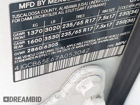 2007 Mercedes-Benz R 3.5L с VIN 4JGCB65E67A053042, выставлен на аукционе IAAI как лот 41497759 с пробегом 107 104 миль миль и . История ставок и продаж доступна на DreamBid. Изображение 9.