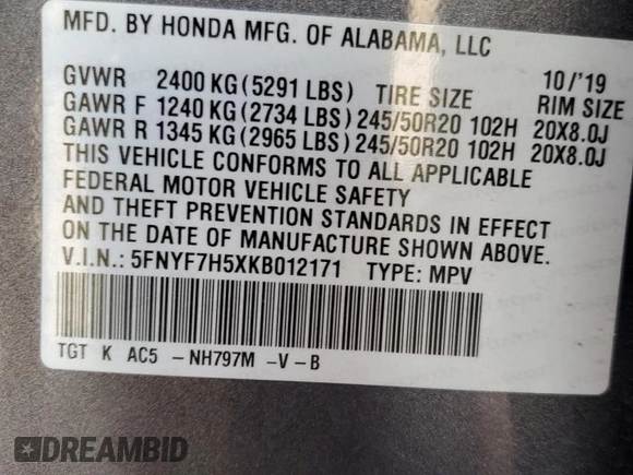 2019 Honda Passport EX-L with VIN 5FNYF7H5XKB012171, listed as a Copart auction lot 82822484 with 41,295 mi miles and Salvage Title. Bid and sale history available at carsss.com. Image 14.