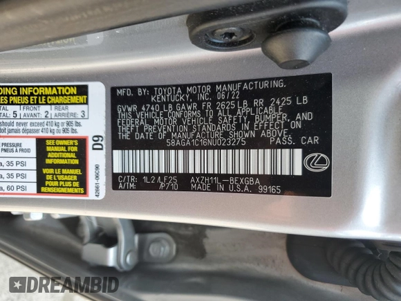 2022 Lexus ES 300h F Sport with VIN 58AGA1C16NU023275, listed as a Copart auction lot 59368385 with 56,719 mi miles and Salvage title. Bid and sale history available at DreamBid. Image 12.