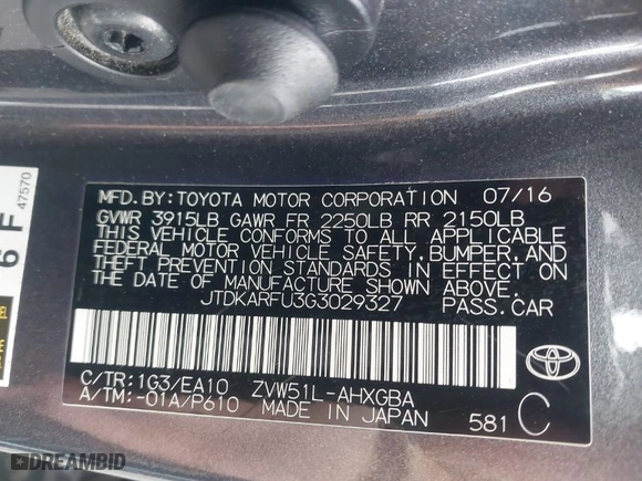 2016 Toyota Prius Four with VIN JTDKARFU3G3029327, listed as a IAAI auction lot 41166312 with 172,558 mi miles. Bid and sale history available at carsss.com. Image 9.