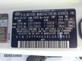 2020 Kia Sorento EX V6 with VIN 5XYPH4A59LG656432, listed as a IAAI auction lot 41057791 with 59,237 mi miles. Bid and sale history available at carsss.com. Image 9.