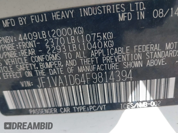 2015 Subaru WRX Premium with VIN JF1VA1D64F9814394, listed as a IAAI auction lot 41844272 with 118,415 mi miles. Bid and sale history available at carsss.com. Image 9.