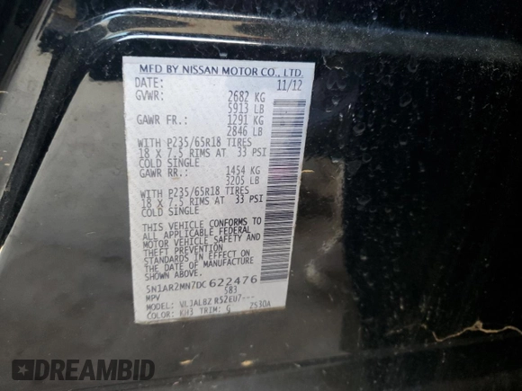 2013 Nissan Pathfinder SL z VIN 5N1AR2MN7DC622476, wystawiony jako Copart lot #49094275 z przebiegiem Nie podano mil oraz Czysty tytuł • Clean title. Historia ofert i sprzedaży dostępna na DreamBid. Obrazek 12.