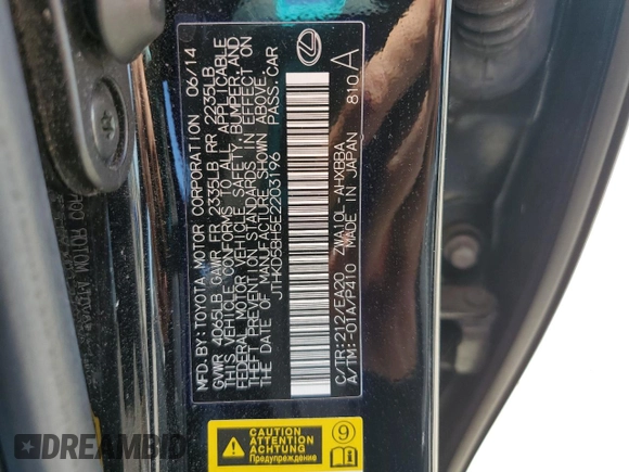 2014 Lexus CT 200h with VIN JTHKD5BH5E2203196, listed as a Copart auction lot 54337745 with 89,595 mi miles and Salvage Title. Bid and sale history available at DreamBid. Image 12.