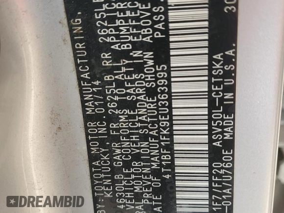 2014 Toyota Camry L with VIN 4T1BF1FK9EU363995, listed as a Copart auction lot 54539065 with 121,517 mi miles and Salvage Title. Bid and sale history available at DreamBid. Image 13.