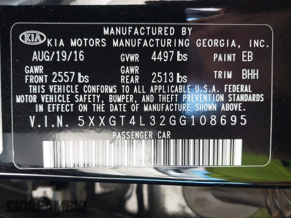 2016 Kia Optima LX with VIN 5XXGT4L32GG108695, listed as a IAAI auction lot 41647970 with 125,319 mi miles. Bid and sale history available at carsss.com. Image 9.