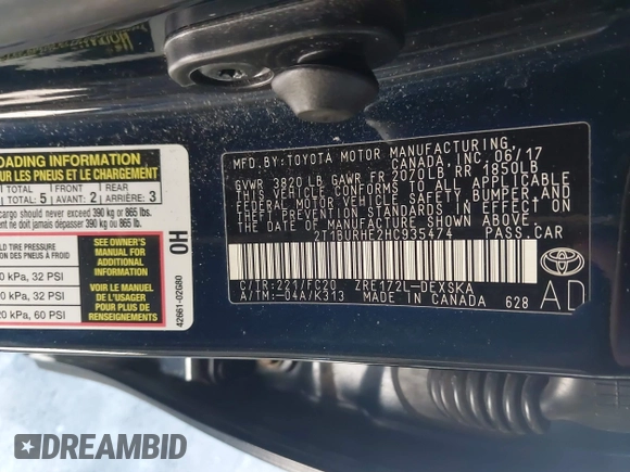 2017 Toyota Corolla L z VIN 2T1BURHE2HC935474, wystawiony jako IAAI lot #41485575 z przebiegiem 107 333 mil mil oraz . Historia ofert i sprzedaży dostępna na DreamBid. Obrazek 9.