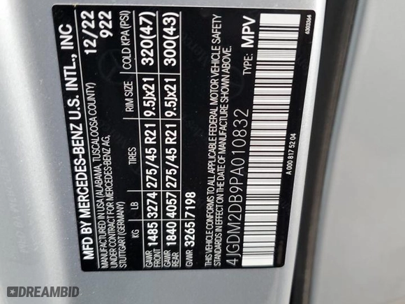 2023 Mercedes-Benz EQS with VIN 4JGDM2DB9PA010832, listed as a Copart auction lot 43791344 with 1,937 mi miles. Bid and sale history available at carsss.com. Image 12.