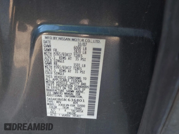 2008 Nissan Pathfinder S with VIN 5N1AR18U58C636801, listed as a IAAI auction lot 41390205 with 208,659 mi miles. Bid and sale history available at carsss.com. Image 9.