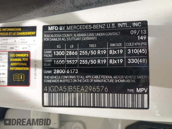 2014 Mercedes-Benz M 350 with VIN 4JGDA5JB5EA296576, listed as a IAAI auction lot 42274692 with 155,604 mi miles and . Bid and sale history available at DreamBid. Image 9.