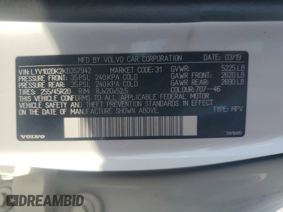 2019 Volvo XC60 Momentum with VIN LYV102DK2KB357942, listed as a Copart auction lot 58172435 with 157,646 mi miles and Salvage title. Bid and sale history available at DreamBid. Image 13.