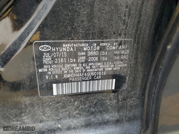 2016 Hyundai Elantra Value Edition with VIN KMHDH4AE4GU601616, listed as a Copart auction lot 50981405 with 117,521 mi miles and Salvage Title. Bid and sale history available at carsss.com. Image 12.