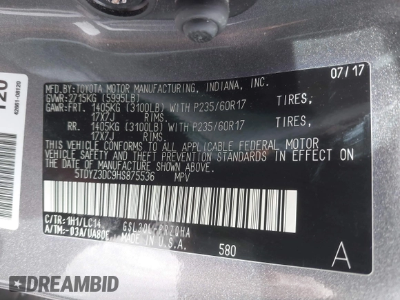 2017 Toyota Sienna XLE Auto Access Seat with VIN 5TDYZ3DC9HS875536, listed as a IAAI auction lot 41477148 with 133,558 mi miles and . Bid and sale history available at DreamBid. Image 9.