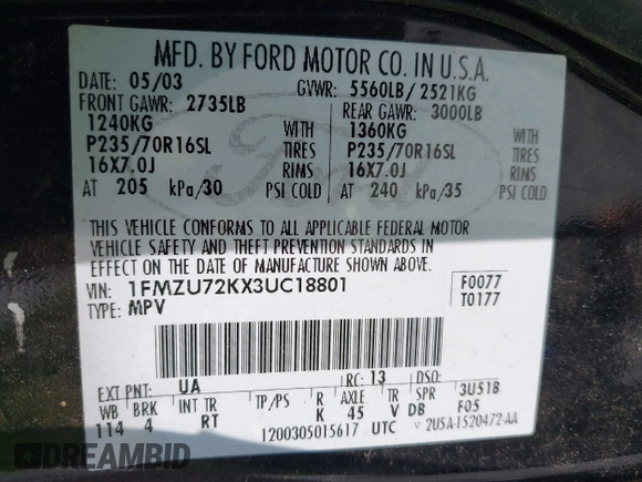 2003 Ford Explorer XLS с VIN 1FMZU72KX3UC18801, выставлен на аукционе IAAI как лот 42670816 с пробегом 147 661 миль миль и . История ставок и продаж доступна на DreamBid. Изображение 9.