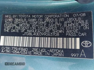 2009 Toyota Corolla with VIN JTDBL40E099063708, listed as a IAAI auction lot 42085584 with 110,075 mi miles. Bid and sale history available at carsss.com. Image 9.