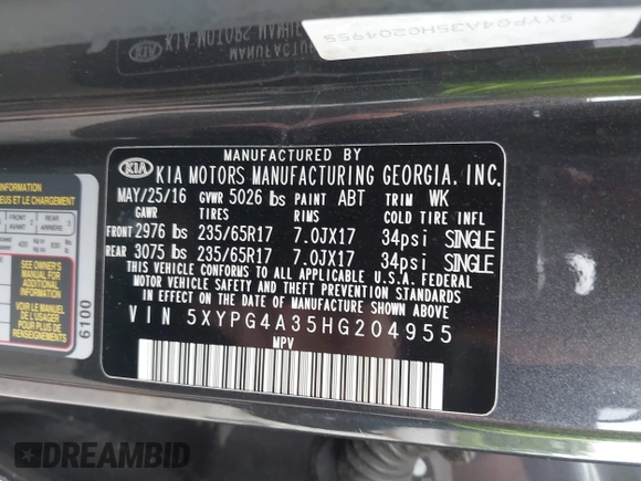 2017 Kia Sorento LX z VIN 5XYPG4A35HG204955, wystawiony jako IAAI lot #41966406 z przebiegiem Nie podano mil oraz . Historia ofert i sprzedaży dostępna na DreamBid. Obrazek 9.