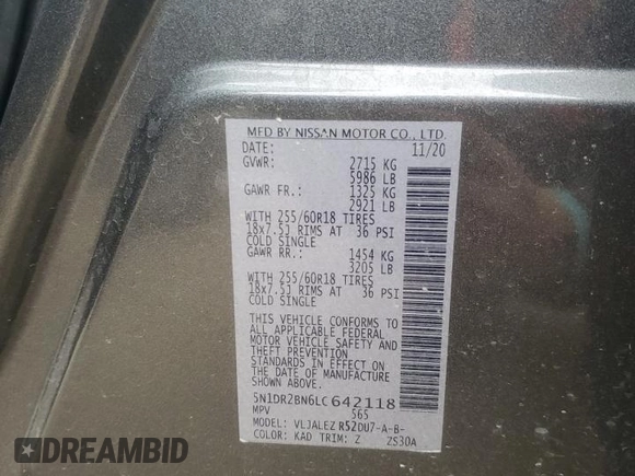 2020 Nissan Pathfinder SV with VIN 5N1DR2BN6LC642118, listed as a Copart auction lot 50992325 with 61,137 mi miles and Salvage title. Bid and sale history available at DreamBid. Image 13.