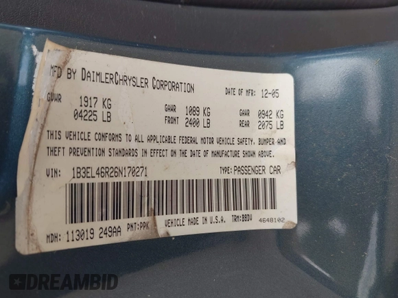 2006 Dodge Stratus SXT z VIN 1B3EL46R26N170271, wystawiony jako IAAI lot #42368788 z przebiegiem 134 937 mil mil oraz . Historia ofert i sprzedaży dostępna na DreamBid. Obrazek 9.