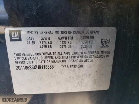 2017 Chevrolet Impala LT with VIN 2G1105S3XH9118835, listed as a Copart auction lot 45568685 with 176,629 mi miles and Salvage Title. Bid and sale history available at carsss.com. Image 14.
