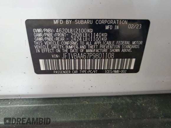 2023 Subaru WRX z VIN JF1VBAA67P9801108, wystawiony jako Copart lot #60299315 z przebiegiem 17 860 mil mil oraz Czysty tytuł • Clean title. Historia ofert i sprzedaży dostępna na DreamBid. Obrazek 13.