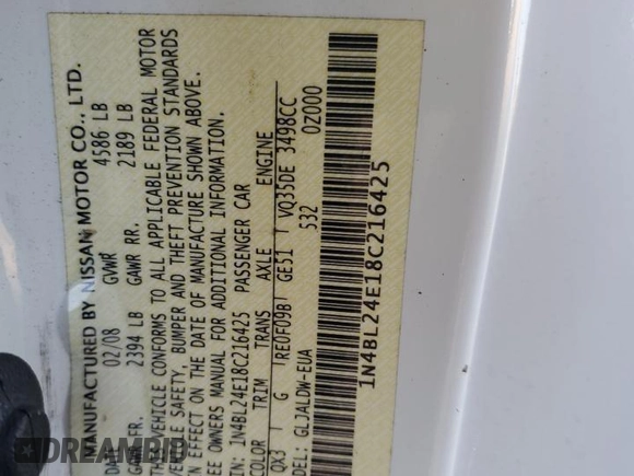 2008 Nissan Altima 3.5 SE with VIN 1N4BL24E18C216425, listed as a Copart auction lot 48323005 with 202,642 mi miles and Salvage Title. Bid and sale history available at carsss.com. Image 13.