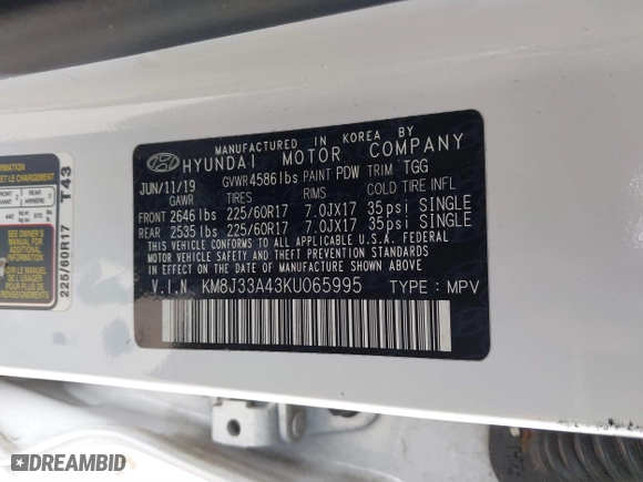 2019 Hyundai Tucson Value with VIN KM8J33A43KU065995, listed as a IAAI auction lot 41720471 with 95,732 mi miles. Bid and sale history available at carsss.com. Image 9.