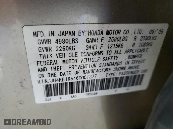 2006 Acura RL with VIN JH4KB16546C001377, listed as a Copart auction lot 48790805 with 142,052 mi miles and Salvage Title. Bid and sale history available at DreamBid. Image 15.
